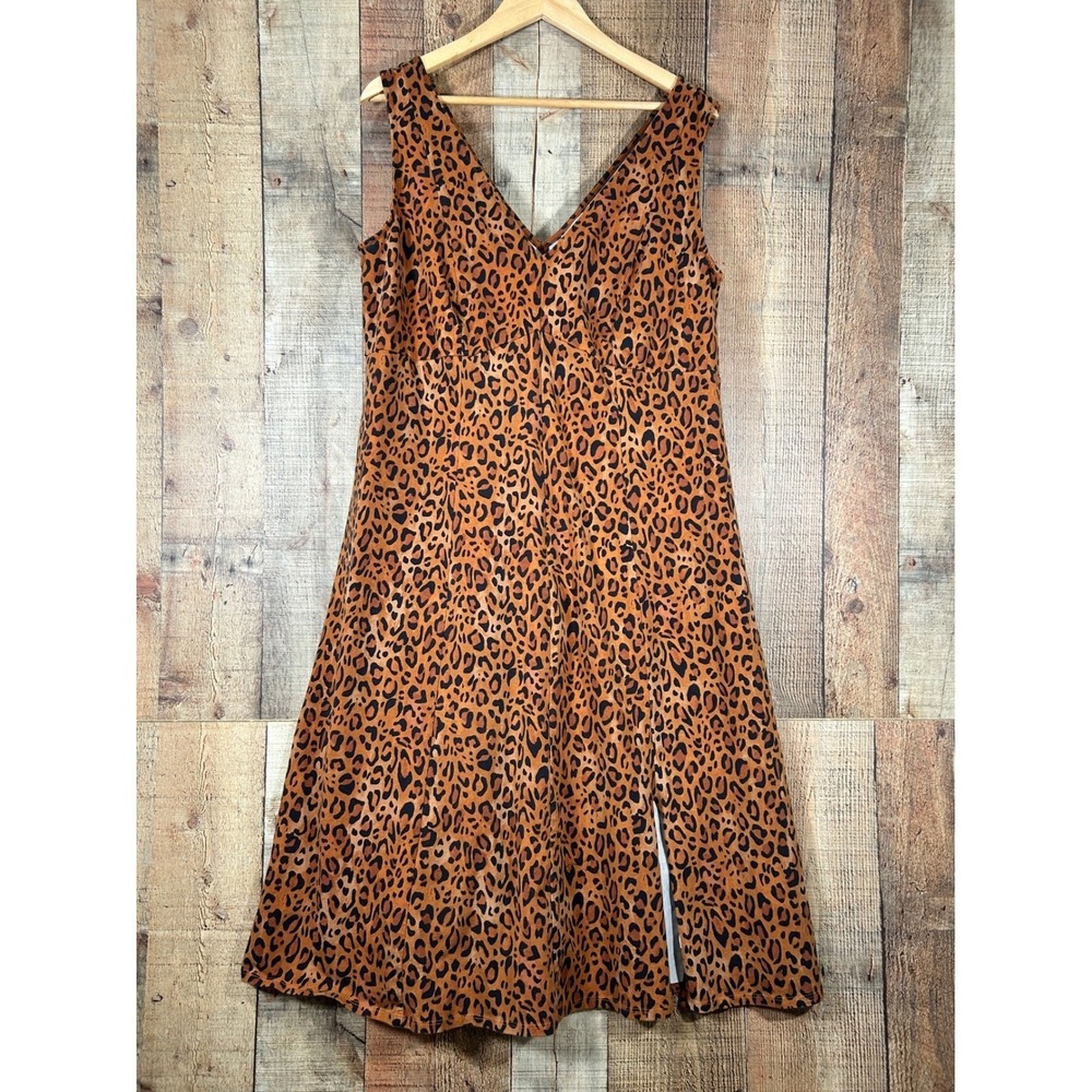 Ava & Viv Womens 1X Leopard Animal Print V-Neck Sleeveless Midi Dress Side Slit